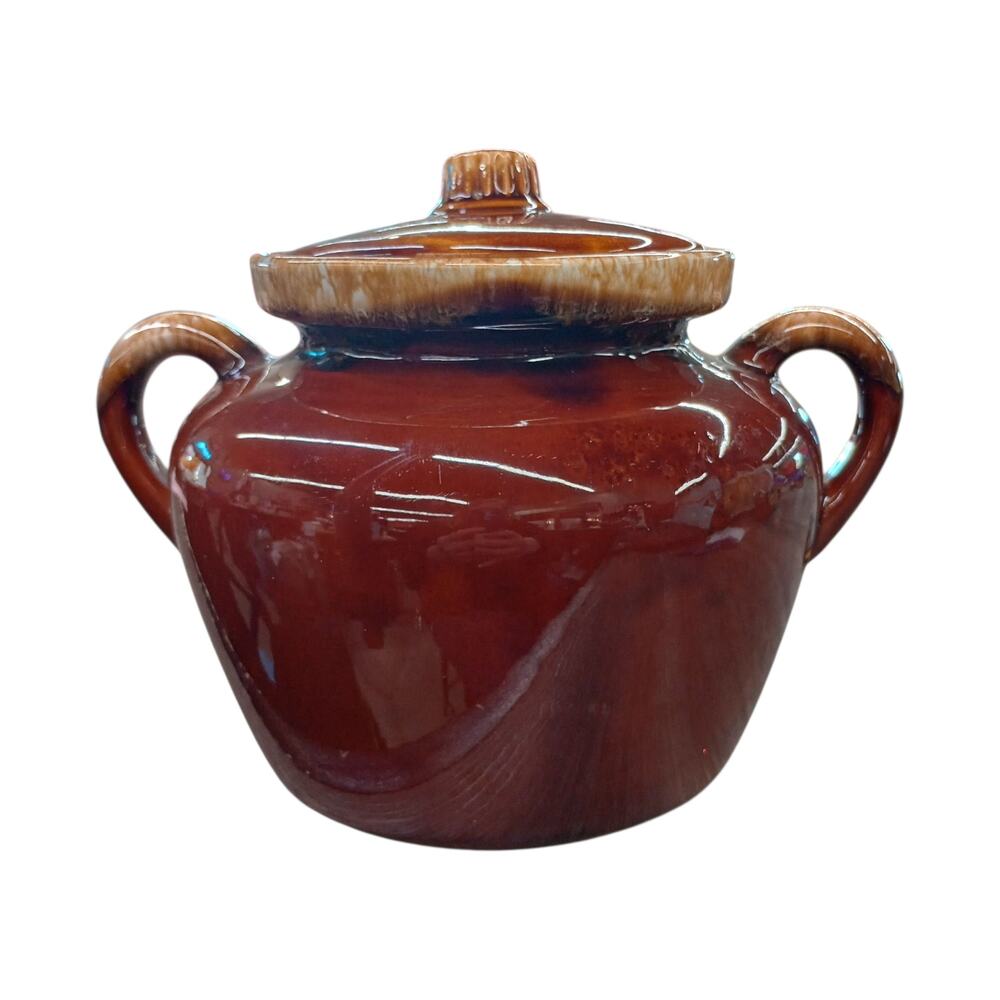 Vintage McCoy 342 USA Ovenproof Crock Drip Brown And Tan w/ Lid Double Handled